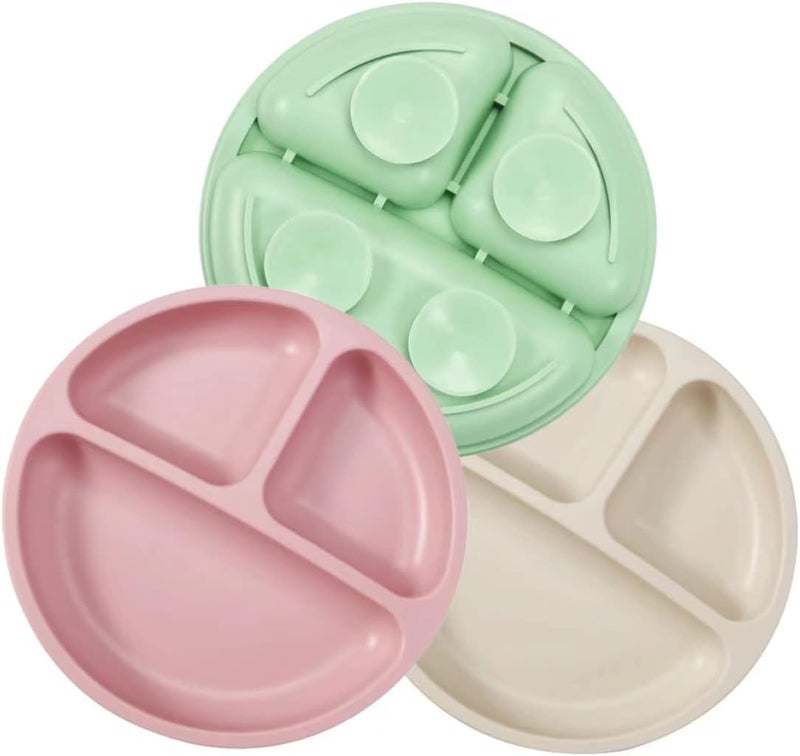 PandaEar 3 Pack Divided Unbreakable Silicone Baby and Toddler Plates - Non-Slip - Dishwasher and Microwave Safe - Silicone (Pink Green Light Tan) - Image 1